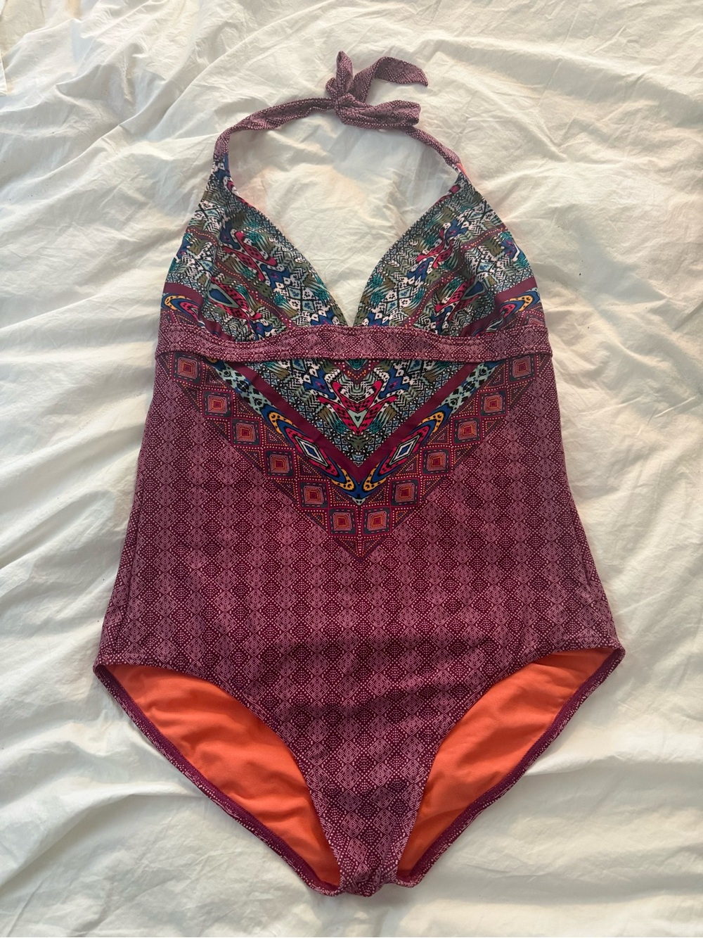 Prana Printed Halter One-Piece Swimsuit with Orange Lining